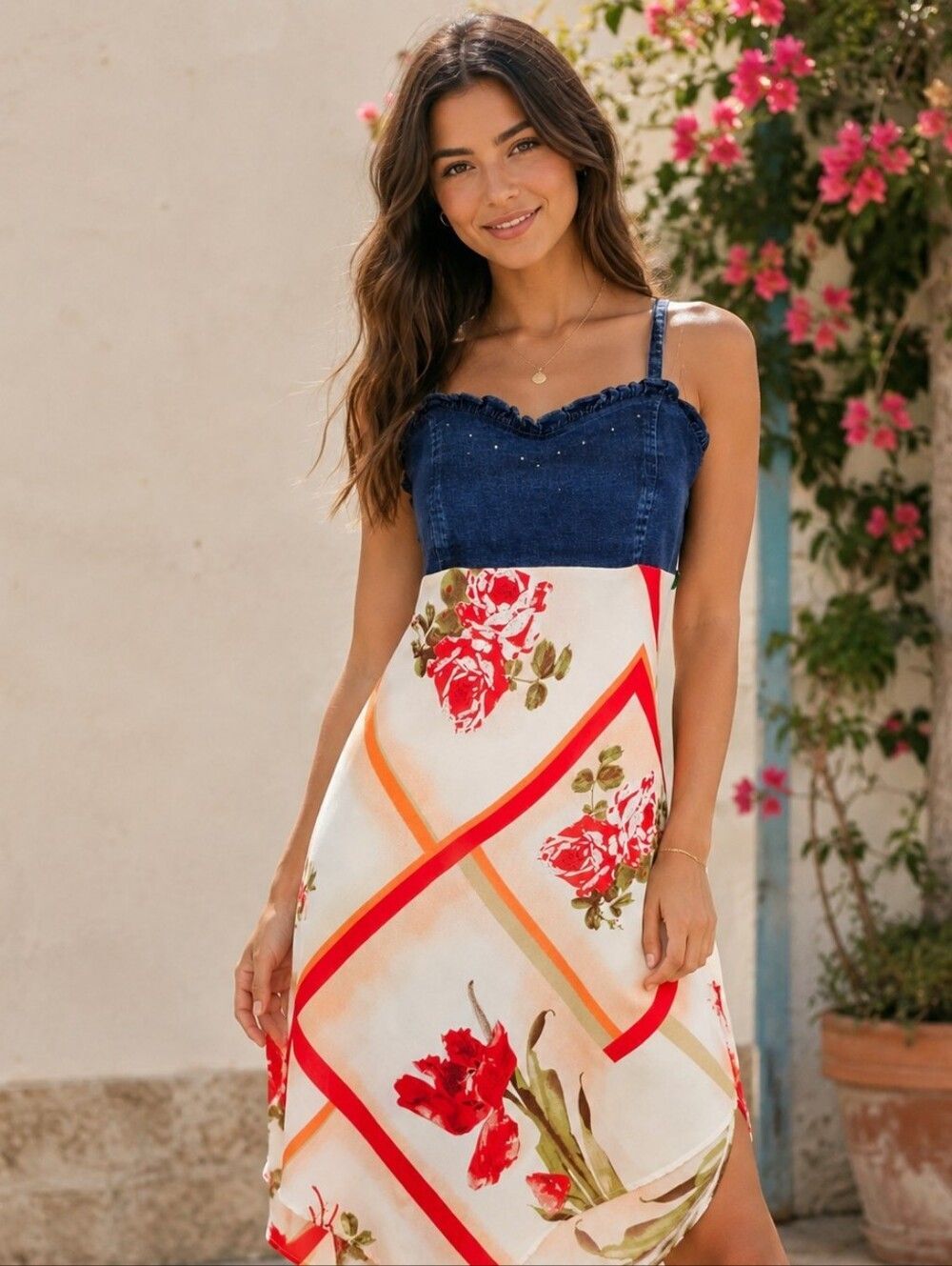 NEW Midi Sundress Denim Sweetheart Top Rhinrstones Lower Floral Chiffon Sz 10